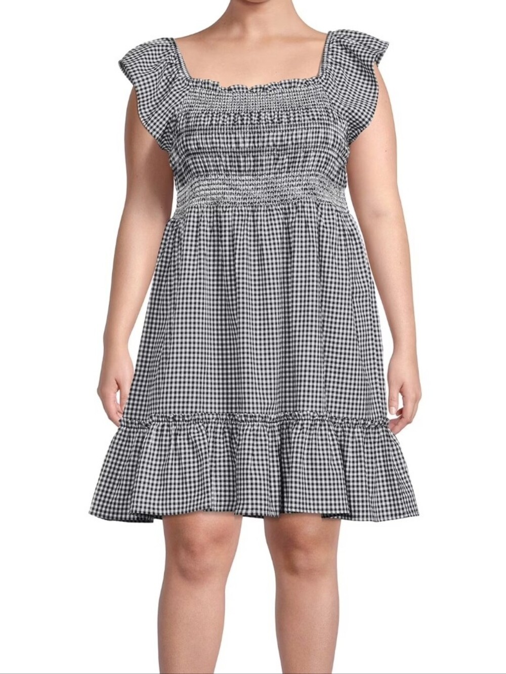 Terra & Sky Black & White Smocked Gingham Ruffle-Sleeve Dress — 0X